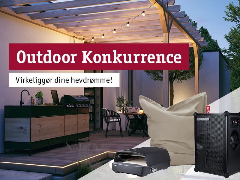 Udendørs konkurrence med moderne terrasse, LED-lyskæde og havemøbler til stilfuldt miljø.