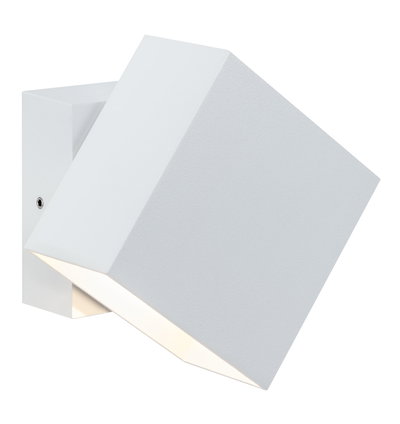 Modern white aluminum wall spotlight with angular design and warm white LED light for indoor use