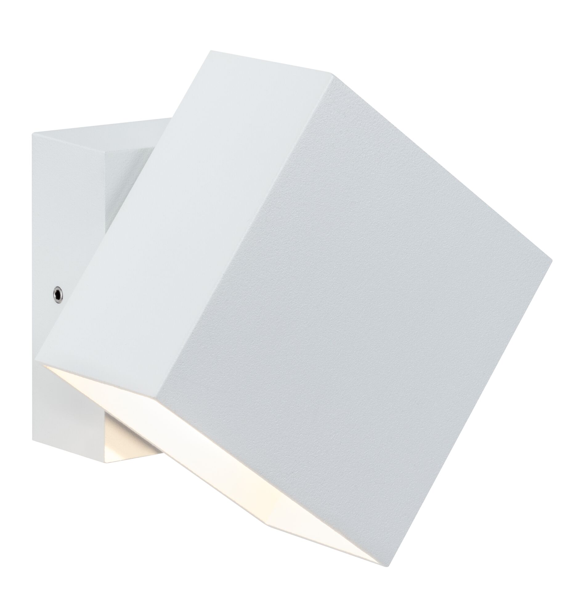 Moderner weißer Aluminium-Wandstrahler mit kantigem Design und warmweißem LED-Licht für Innenräume