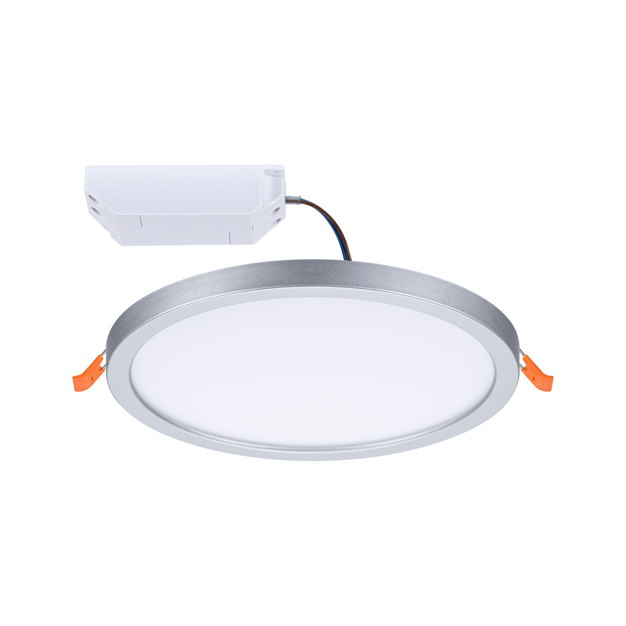 Round LED recessed panel with silver aluminum frame and white diffuser for energy-efficient lighting.