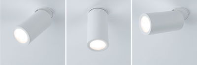 Three white metal LED ceiling spotlights, adjustable for targeted room lighting