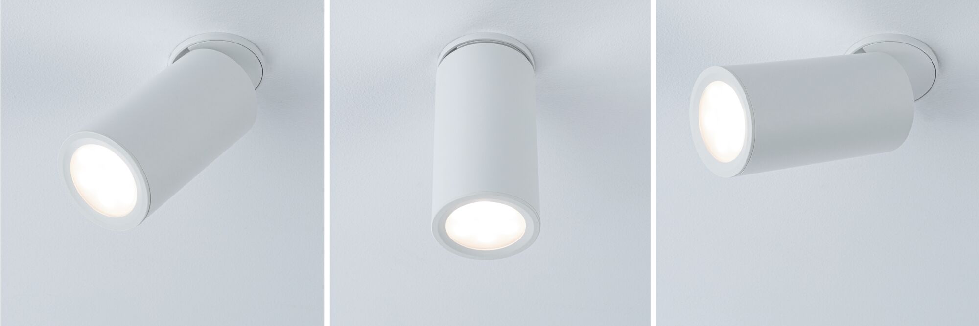 Drie witte metalen LED-plafondspots in verschillende posities voor moderne verlichting