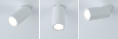 Three white metal LED ceiling spotlights shown in different angles for modern lighting design