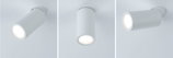 Three white metal LED ceiling spotlights shown in different angles for modern lighting design