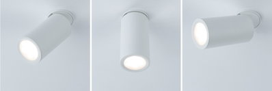 Three white metal LED ceiling spotlights shown in different angles for modern lighting design