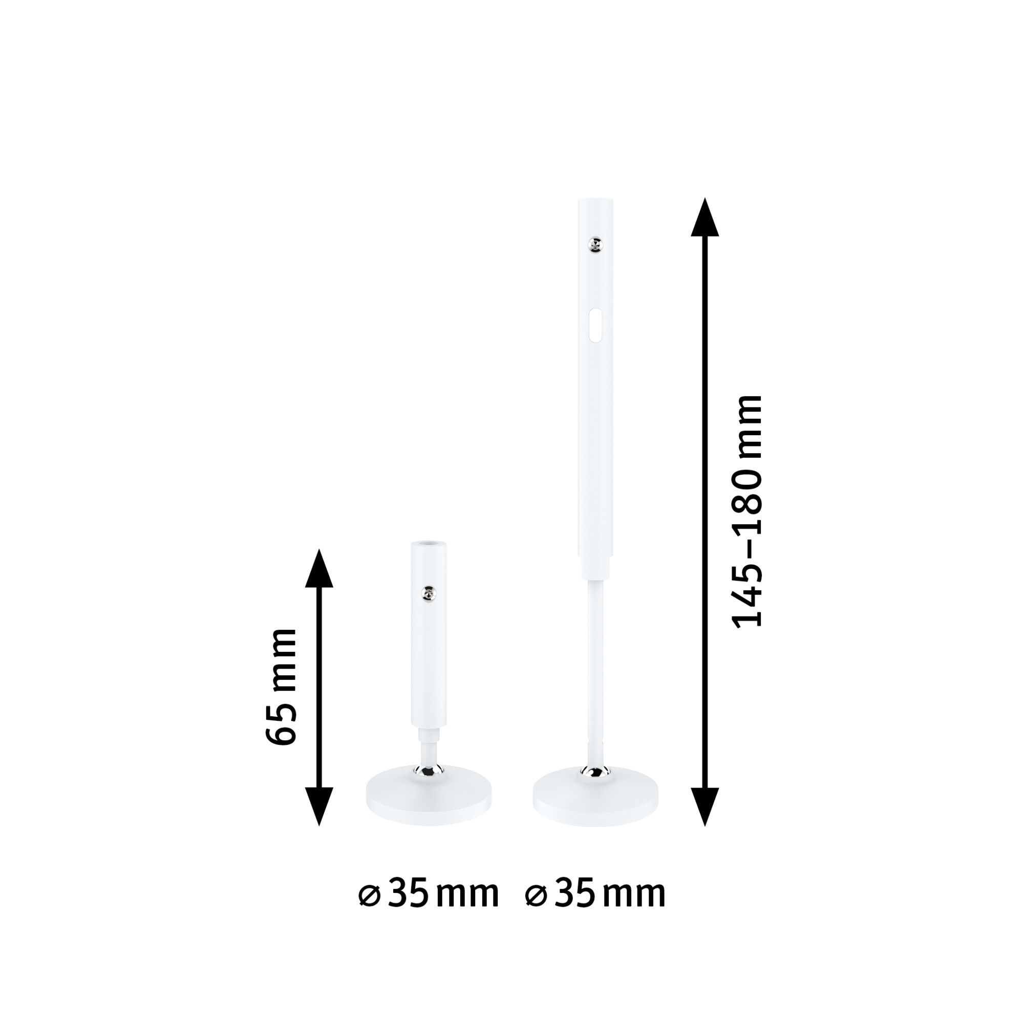Weißer verstellbarer Metall-Stab mit 35 mm Durchmesser und Höhenangabe 65 bis 180 mm für Beleuchtung.
