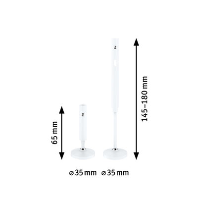 Deux supports métalliques blancs avec bases rondes et hauteur réglable de 65 à 180 mm pour éclairage.