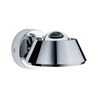 Modern wall spotlight in chrome metal with spherical bulb and adjustable reflector for targeted lighting