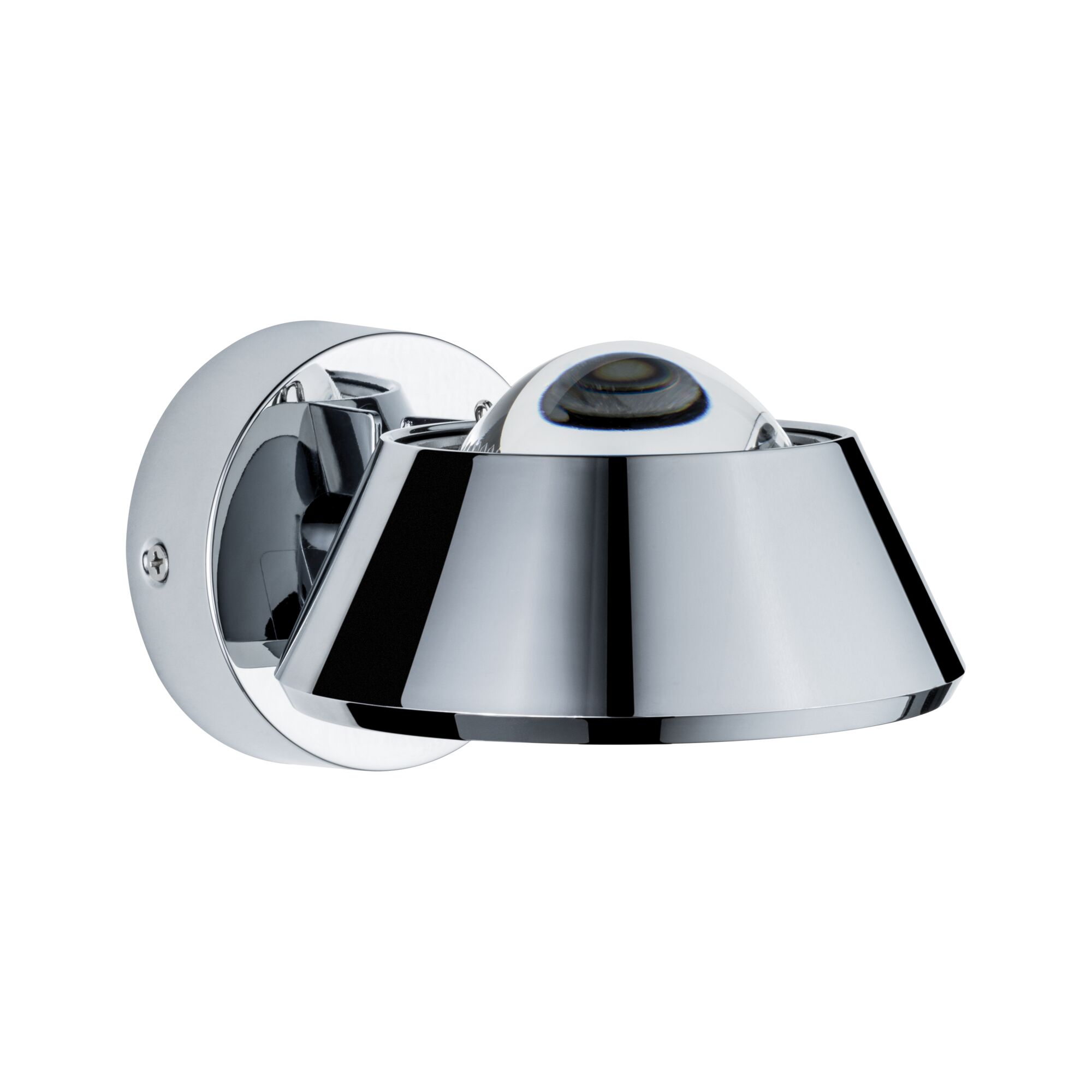 Moderne chromen wandspot met bolvormige glazen reflector voor gerichte verlichting binnenshuis