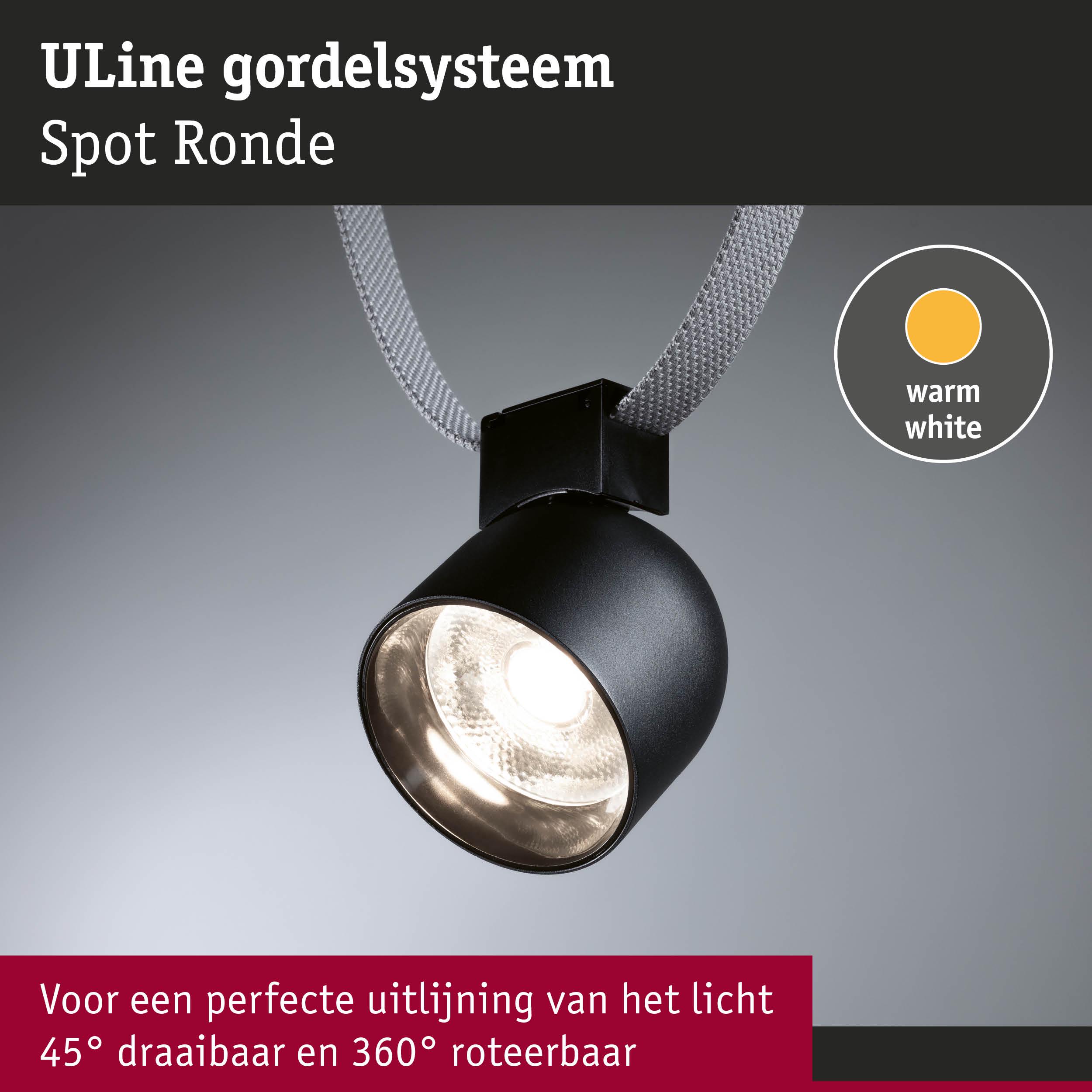 Zwarte ULine Spot Ronde van metaal met warm wit licht, 45° kantelbaar en 360° draaibaar