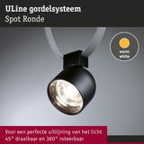 Zwarte ULine Spot Ronde van metaal met warm wit licht, 45° kantelbaar en 360° draaibaar