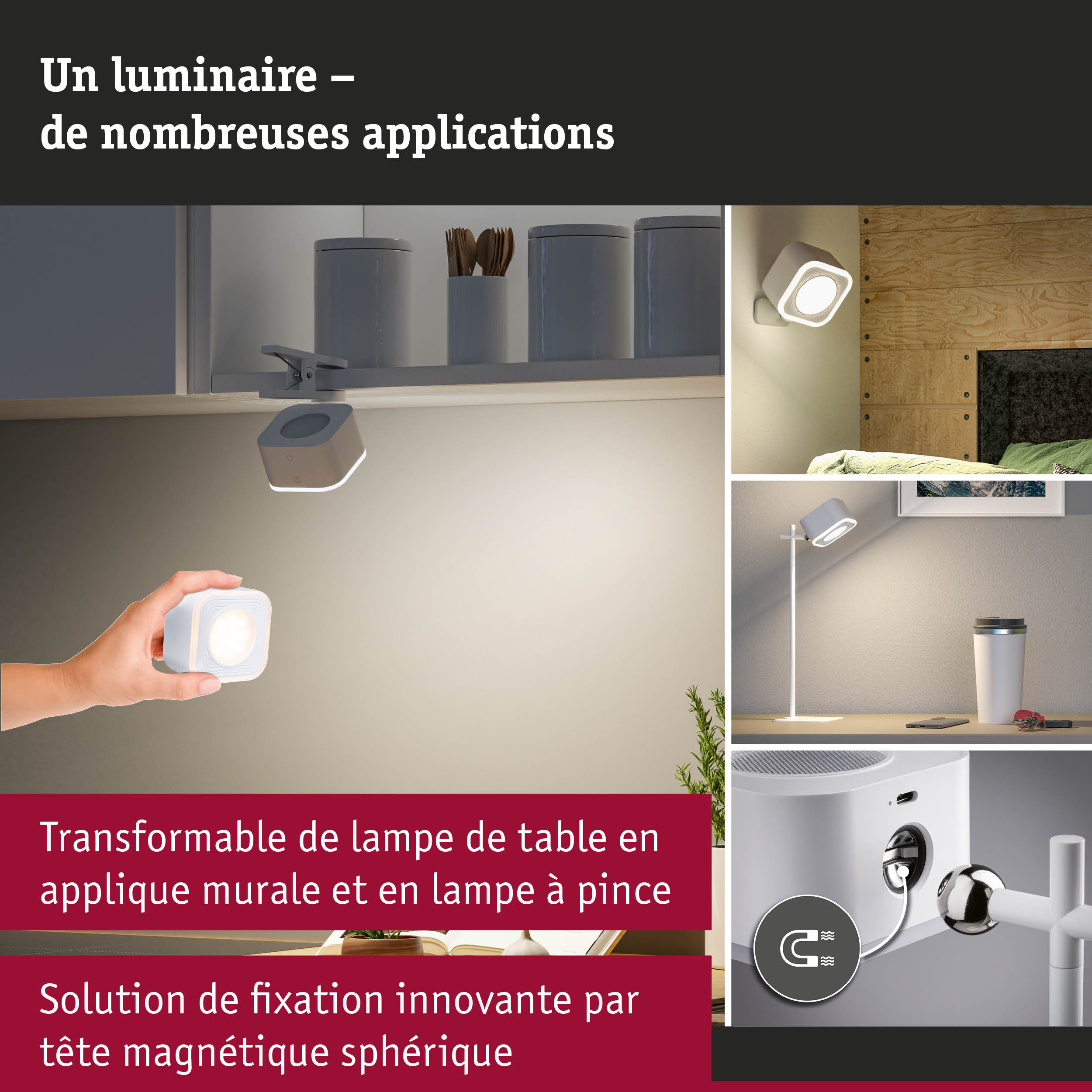 Spot LED blanc avec fixation magnétique sphérique pour éclairage mural et lampe de table modulable