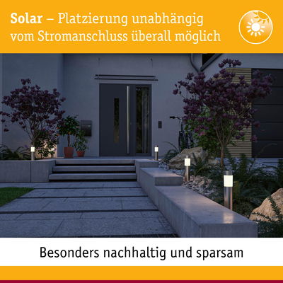 Solarbetriebene Außenleuchten aus Edelstahl mit weißem Licht am Hauseingang für nachhaltige Gartenbeleuchtung