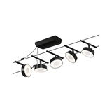 Black LED cable lighting system with five round spotlights and white light for modern room illumination