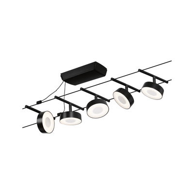 Black LED cable lighting system with five round spotlights and white light for modern room illumination