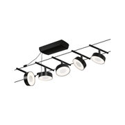 Système d'éclairage à câble LED noir avec cinq spots ronds et lumière blanche pour une ambiance moderne