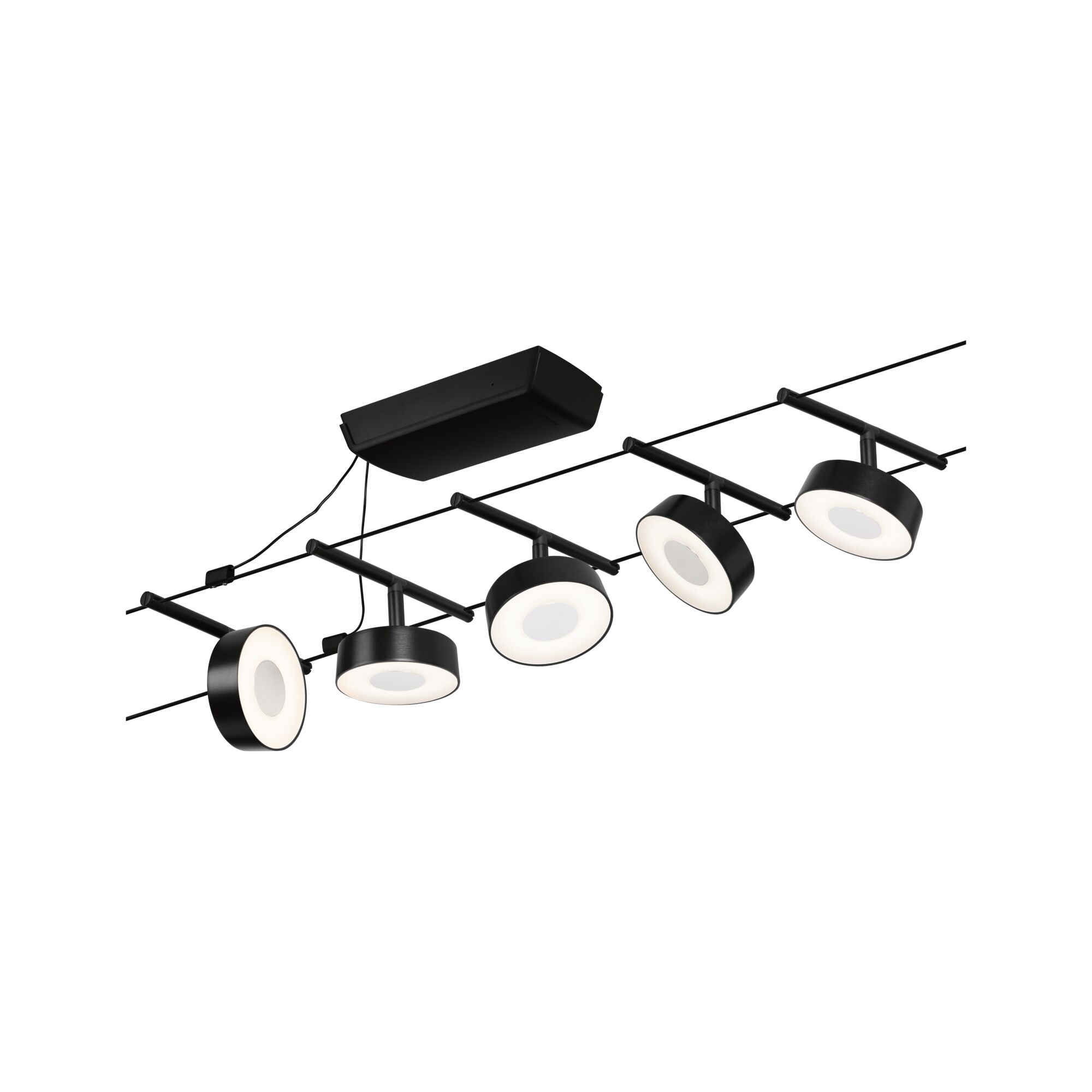 Système d'éclairage à câble LED noir avec cinq spots ronds et lumière blanche pour une ambiance moderne