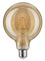 Ronde LED-lamp met amberkleurig glas en zichtbare filamenten, energiezuinige decoratieve lamp