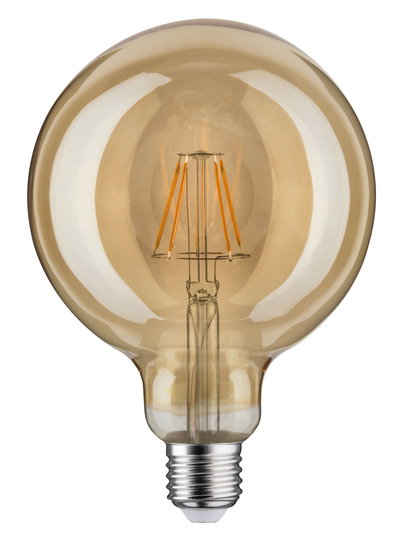 Round LED bulb with amber glass and visible filaments, energy-saving decorative light