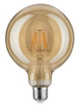 Round LED bulb with amber glass and visible filaments, energy-saving decorative light