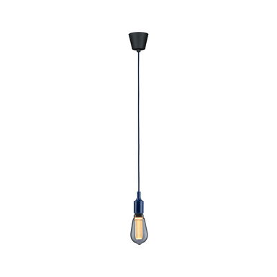 Hängelampe mit blauem Kabel und schwarzer Deckenhalterung, Glühbirne mit warmem Licht