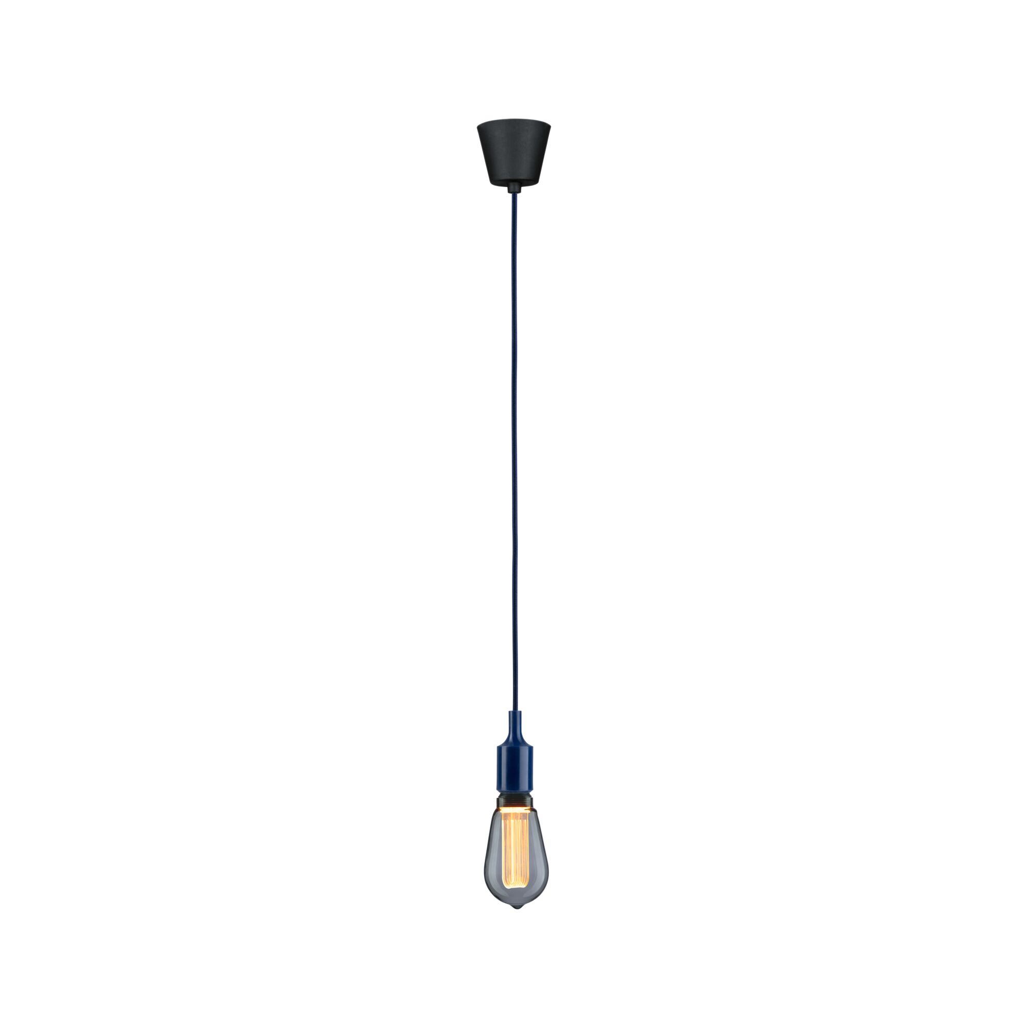 Hängelampe mit blauem Kabel und schwarzer Deckenhalterung, Glühbirne mit warmem Licht