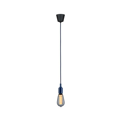 Hängelampe mit blauem Kabel und schwarzer Deckenhalterung, Glühbirne mit warmem Licht