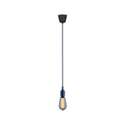 Hängelampe mit blauem Kabel und schwarzer Deckenhalterung, Glühbirne mit warmem Licht