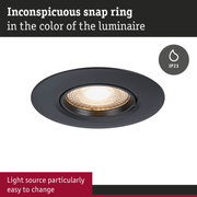 Black recessed spotlight with inconspicuous snap ring and IP23 rating, easy to change light source