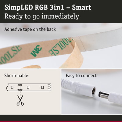 SimpLED RGB 3in1 LED strip with adhesive tape on back, cuttable and easy to connect for smart lighting