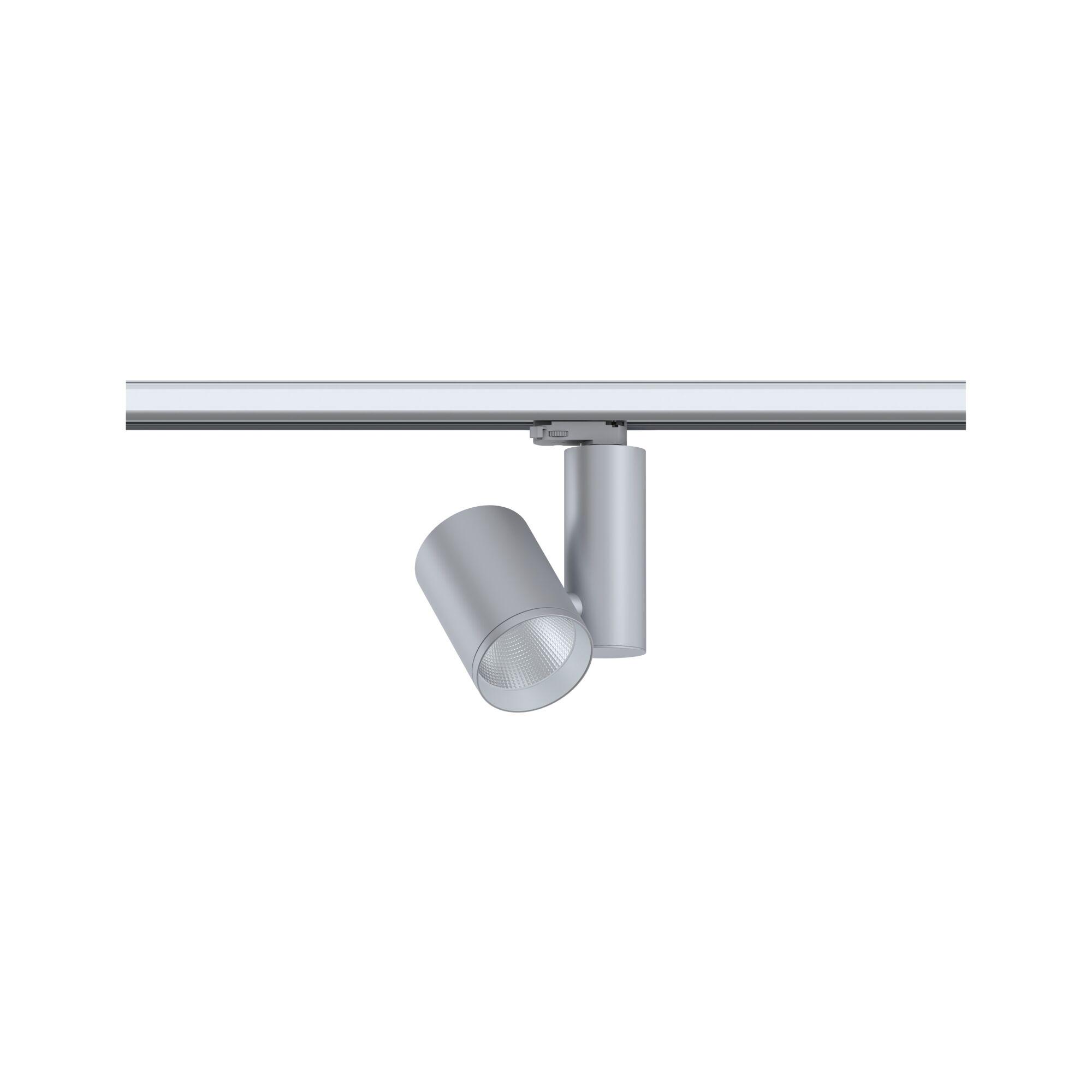 Moderner silberner LED-Strahler aus Metall für Schienensysteme, dimmbares Wohnraumlicht