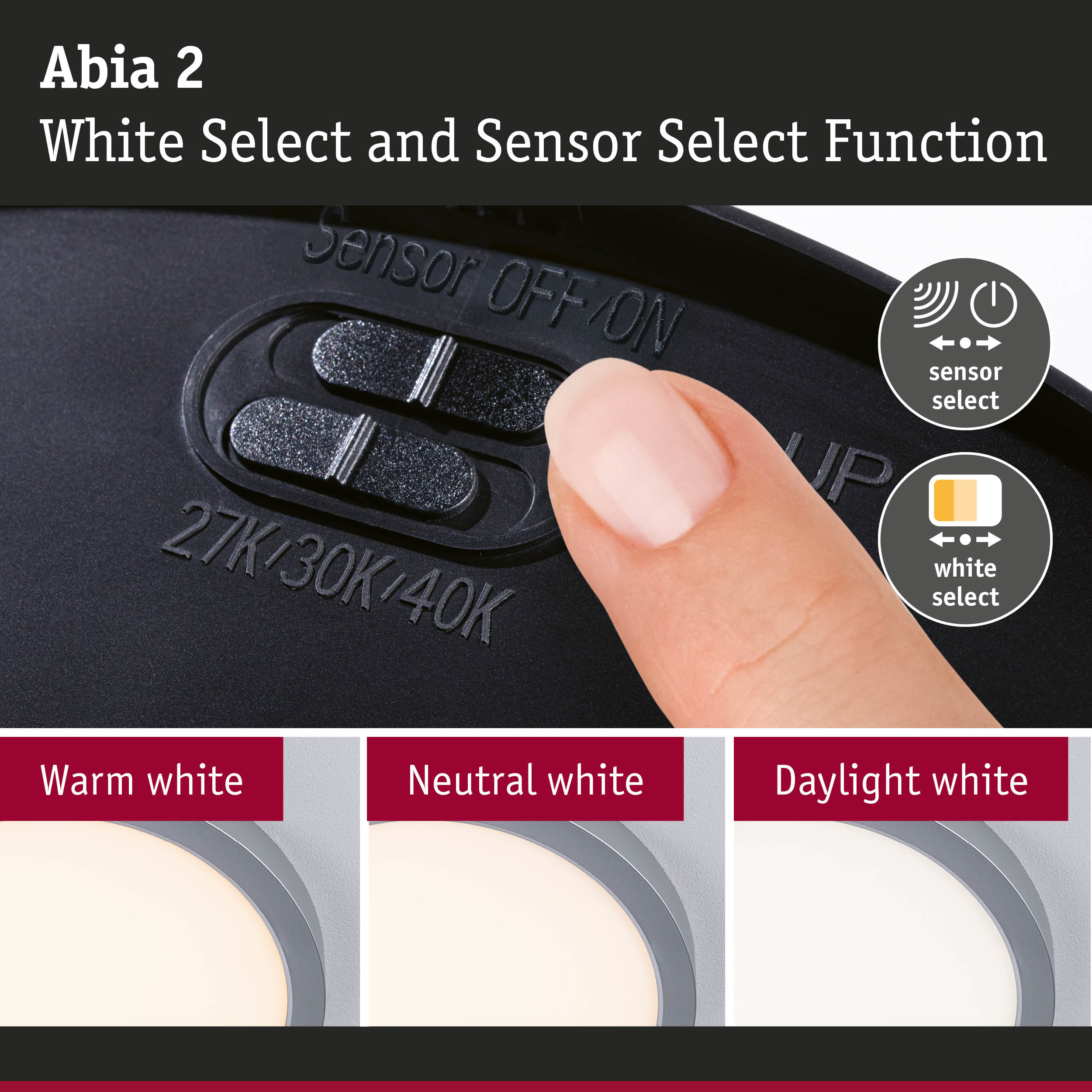 Finger pressing black switch with sensor and white light select for LED ceiling light