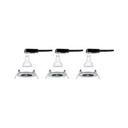 Drei weiße GU10 LED Einbaustrahler mit schwarzem Stecker und Metallrahmen für Deckenbeleuchtung