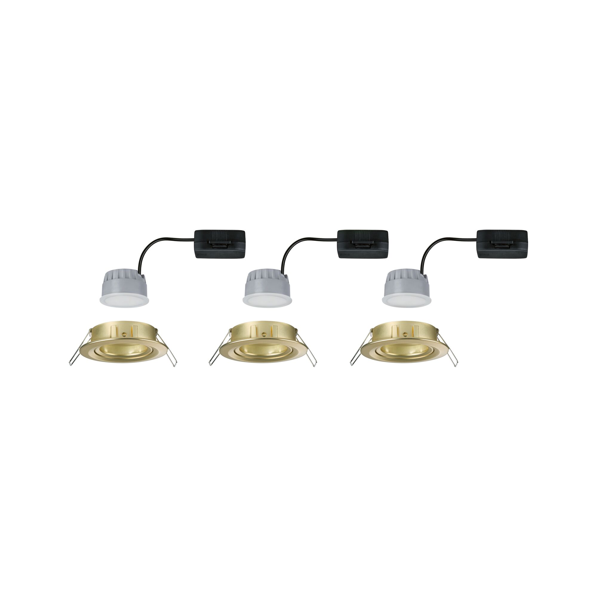 Drei goldfarbene Einbaustrahler aus Metall mit grauen LED-Modulen und schwarzen Kabeln für Deckenbeleuchtung