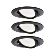 Drei schwarze Einbaustrahler aus Metall mit weißem Diffusor für moderne LED-Deckenbeleuchtung