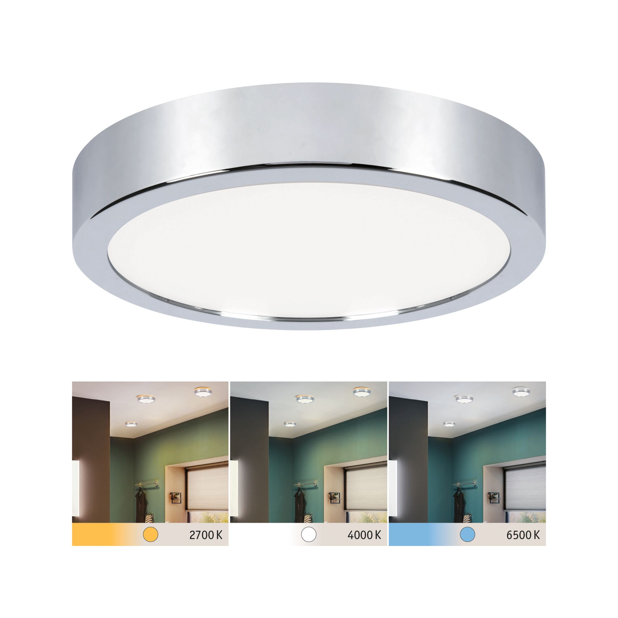 Runde Deckenleuchte mit chromfarbenem Metallrahmen und dimmbarer LED in verschiedenen Lichtfarben