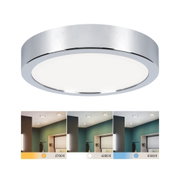 Runde Deckenleuchte mit chromfarbenem Metallrahmen und dimmbarer LED in verschiedenen Lichtfarben