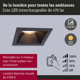 Spot LED encastré noir avec lumière blanc chaud 2700K et gradation 3 niveaux pour ambiance intérieure