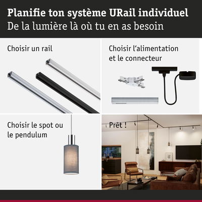 Système URail personnalisé avec choix de rails, alimentation, suspensions et éclairage de salon.