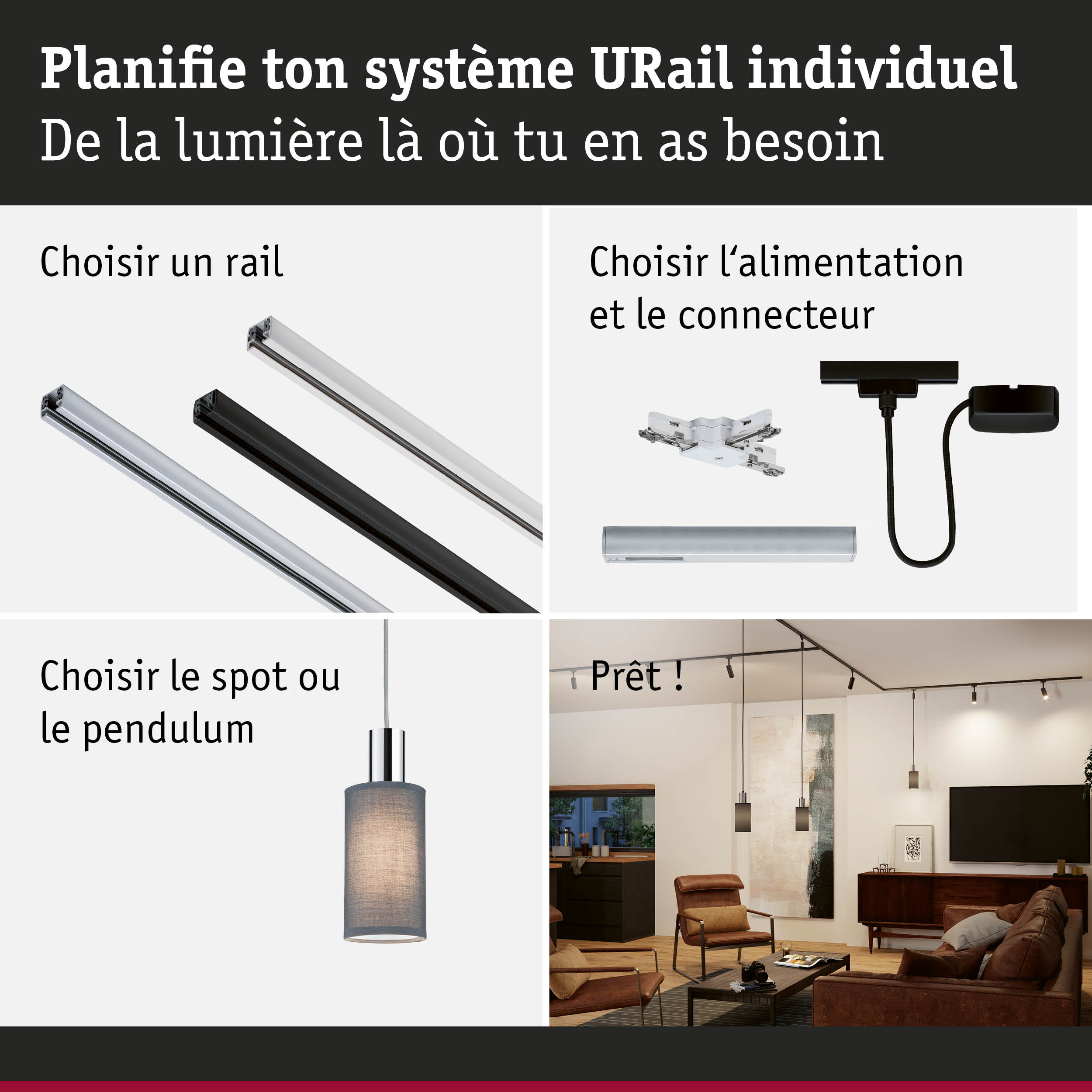 Système modulaire URail avec rails, connecteurs et suspensions pour un éclairage personnalisé