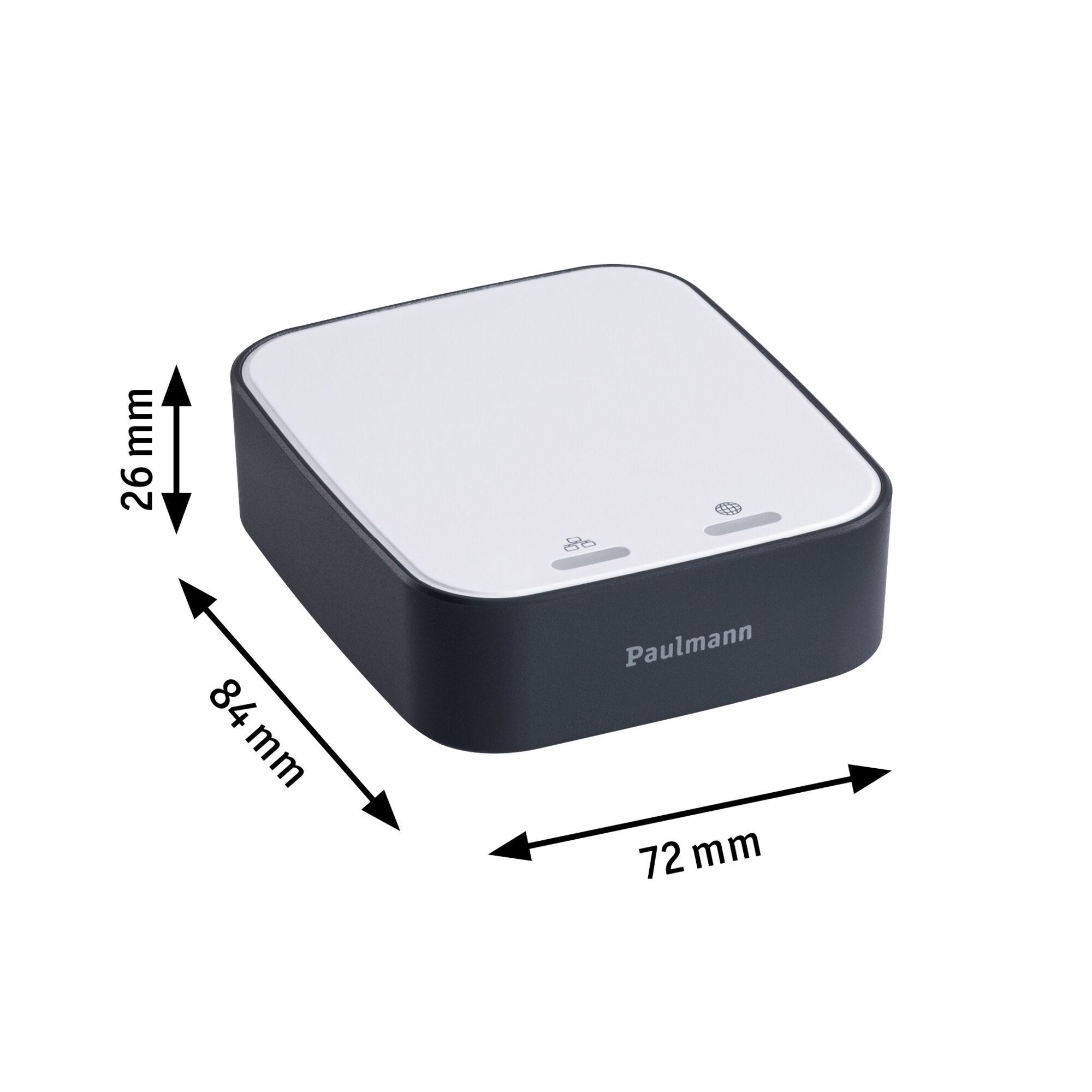Compact Paulmann device in black and white measuring 84x72x26 mm for smart lighting control