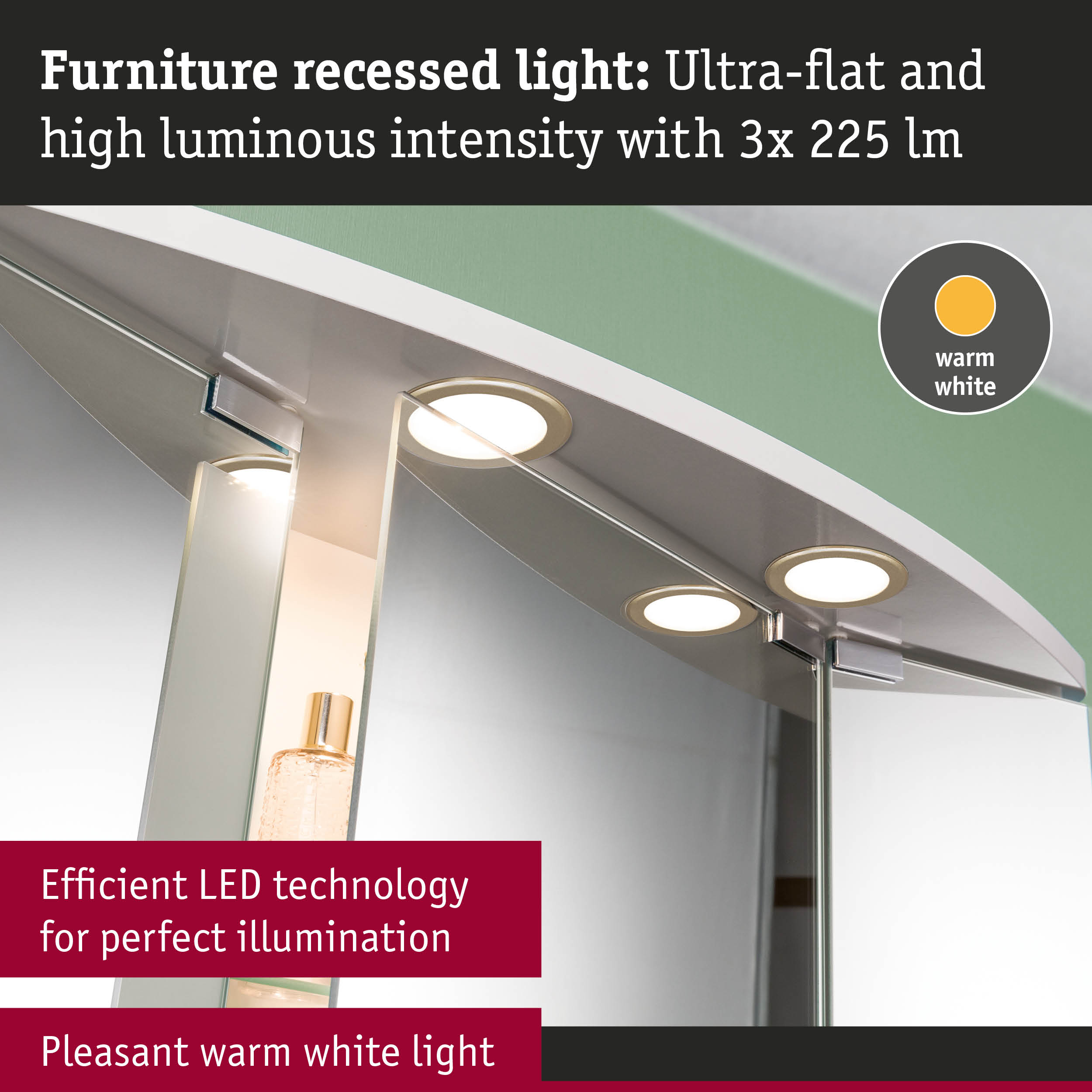 Ultra-flat furniture recessed light with warm white LED and high brightness for bathroom mirror