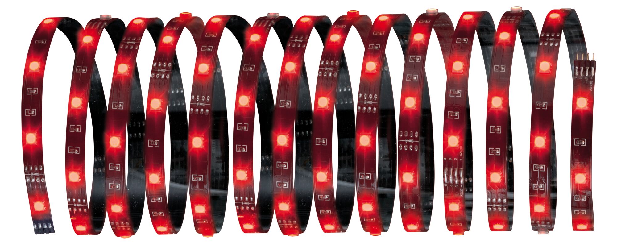 Flexible LED strip with red LEDs on black circuit board for decorative lighting use.