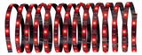Flexible LED strip with red LEDs on black circuit board for decorative lighting use.