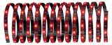 Flexible LED strip with red LEDs on black circuit board for decorative lighting use.