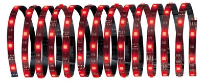 Flexible LED strip with red LEDs on black circuit board for decorative lighting use.