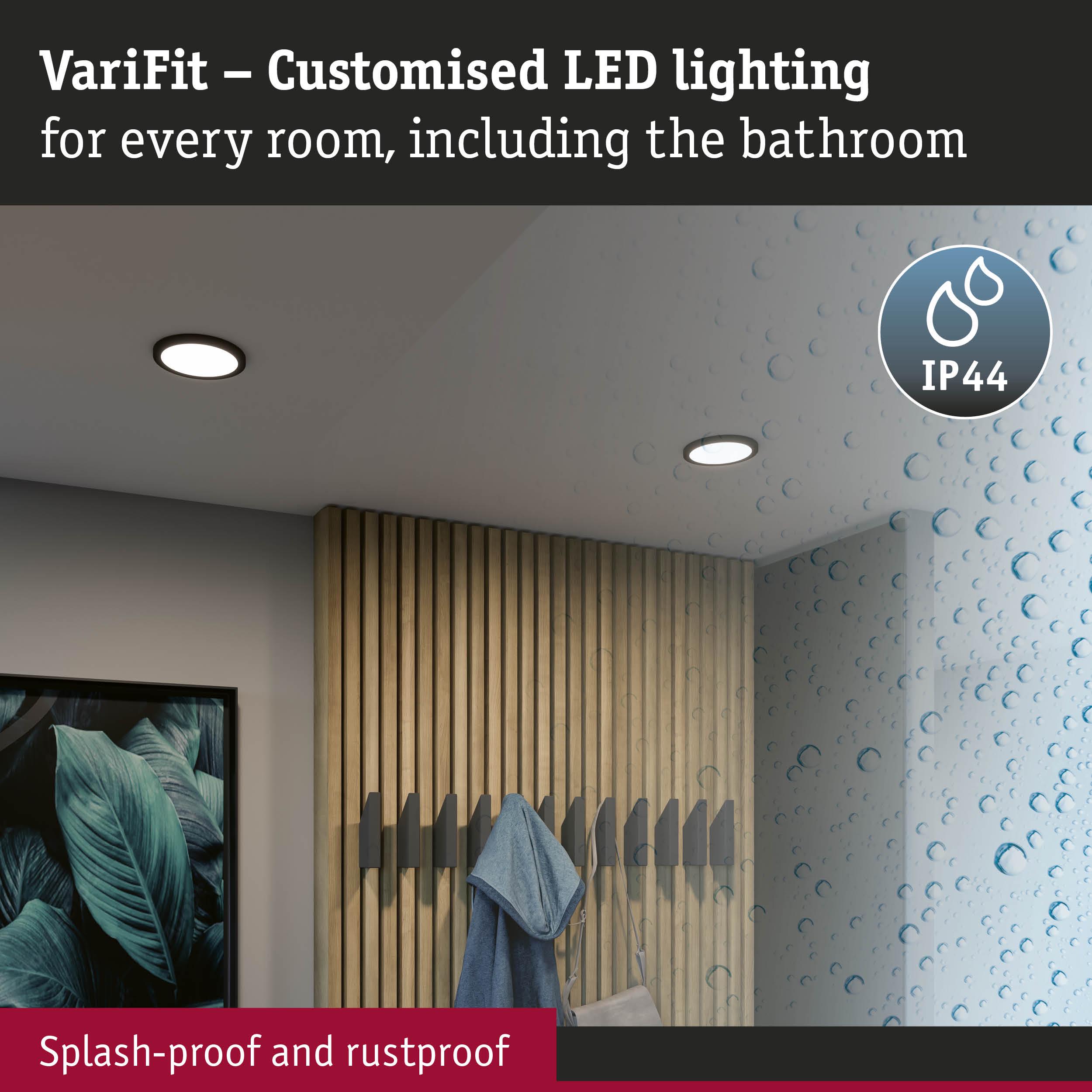 VariFit white LED recessed lights with IP44 splash-proof rating for bathroom lighting