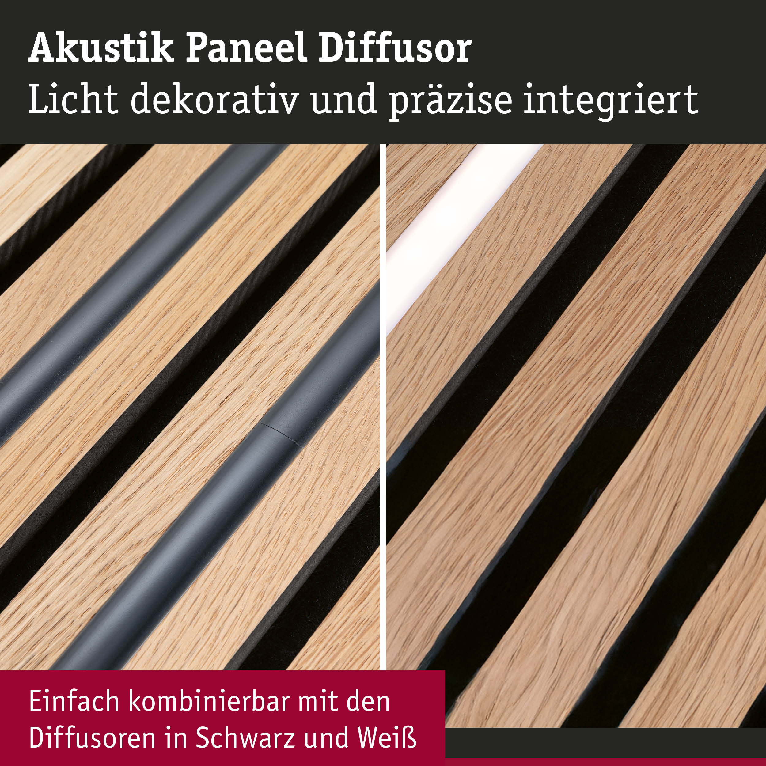 Akustik Paneel Diffusor aus Holz mit integrierter dekorativer Beleuchtung in Schwarz und Weiß