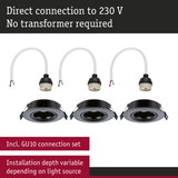 Three black recessed spotlights with GU10 connection set and direct 230V wiring without transformer