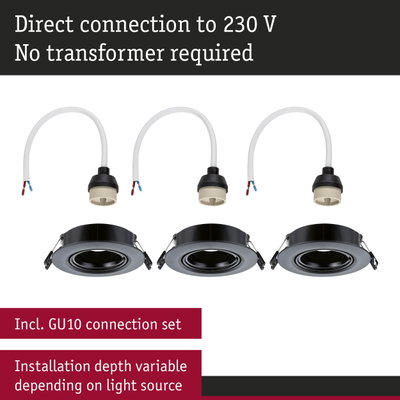 Three black recessed spotlights with GU10 connection set and direct 230V wiring without transformer